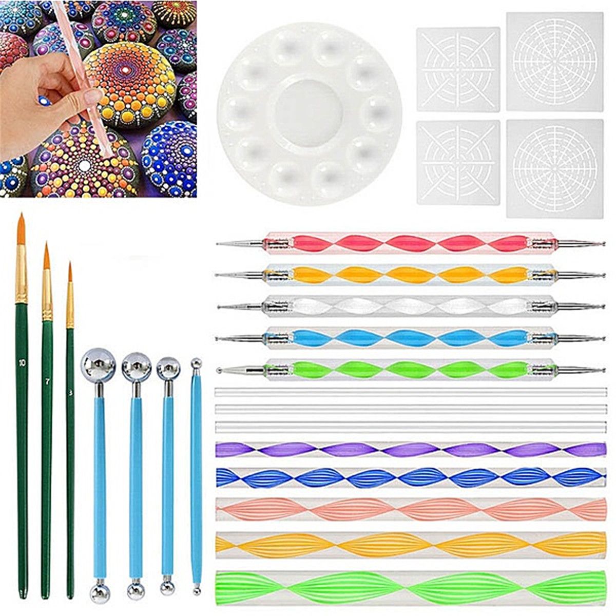 25pcs-Mandala-Dotting-Tools-Rock-Painting-Kit-Dot-Art-Rock-Pen-Paint-Stencil-1613975