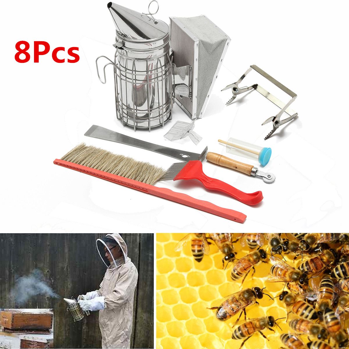 8PCS-BEE-Equipment-Smoker-Brush-Uncapping-Fork-Queen-Catcher-Hive-Tool-Beekeeping-1167561