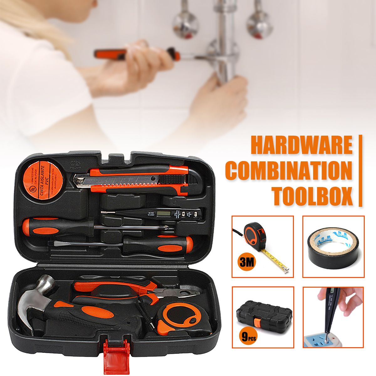 9Pcs-Multifuntional-Woodworking-Household-Tools-Kit-Set-SteelKits-Hardware-Toolbox-1311200
