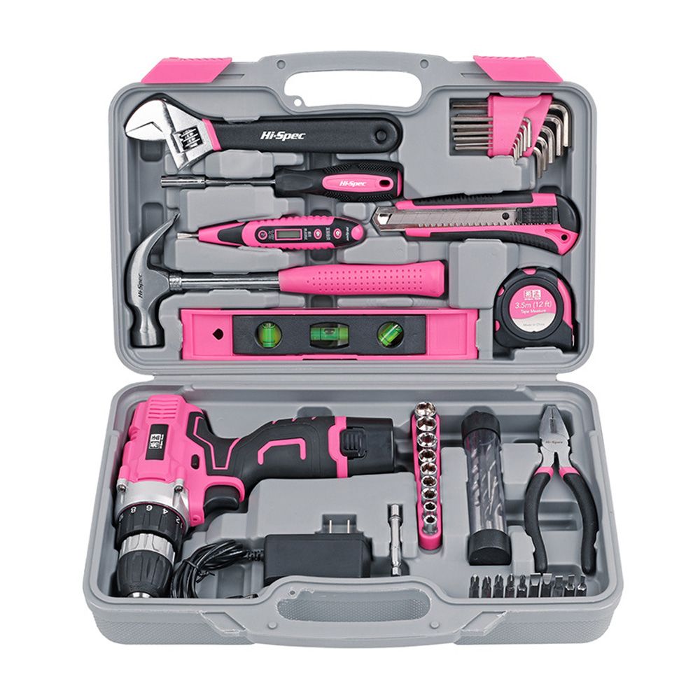 Hi-Spec-60-Pieces-Pink-Hand-Tool-Set-Kit-12V-Electric-Screwdriver-Li-ion-Battery-Gril-Lady-Women-Hou-1706107