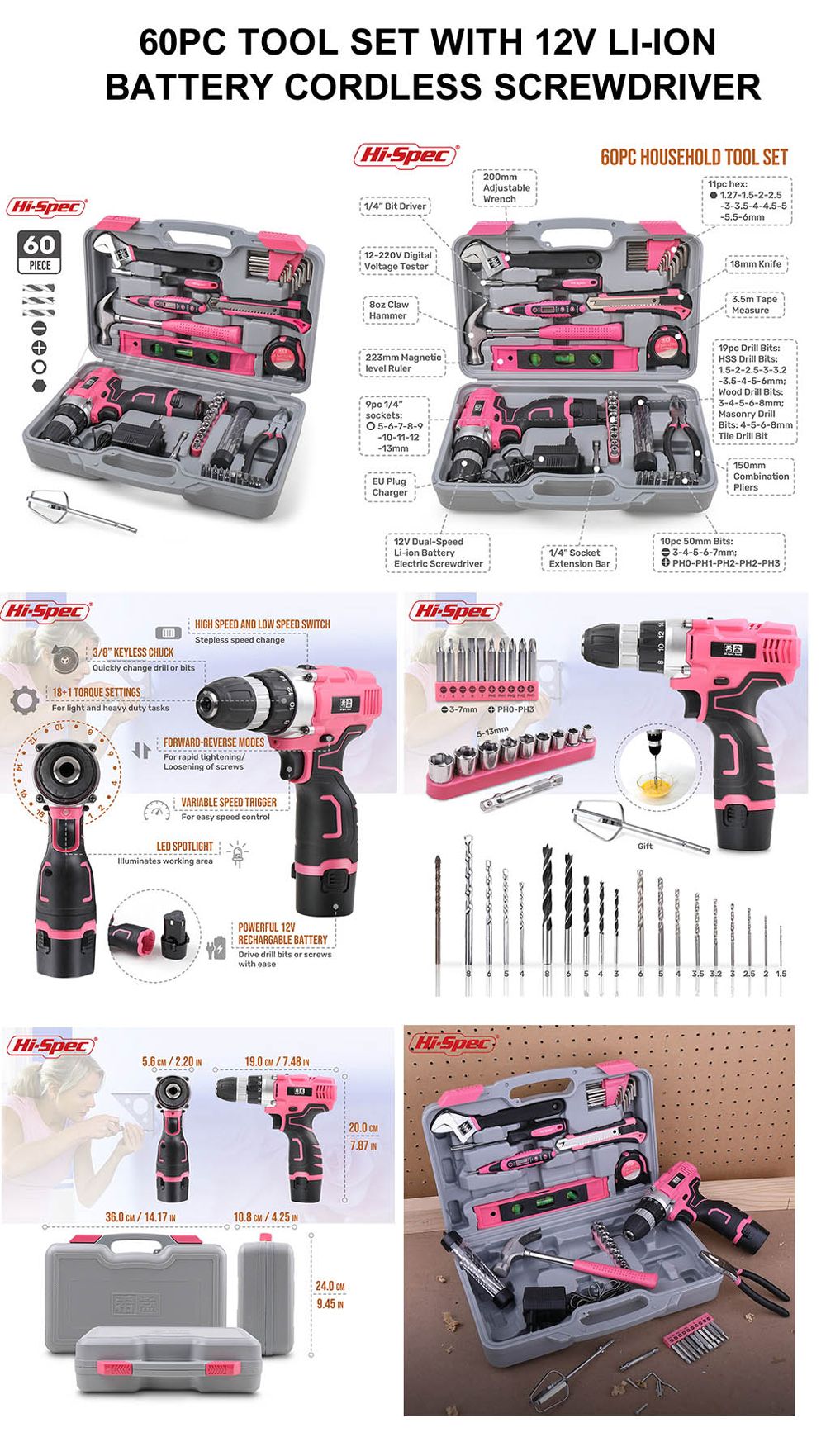 Hi-Spec-60-Pieces-Pink-Hand-Tool-Set-Kit-12V-Electric-Screwdriver-Li-ion-Battery-Gril-Lady-Women-Hou-1706107