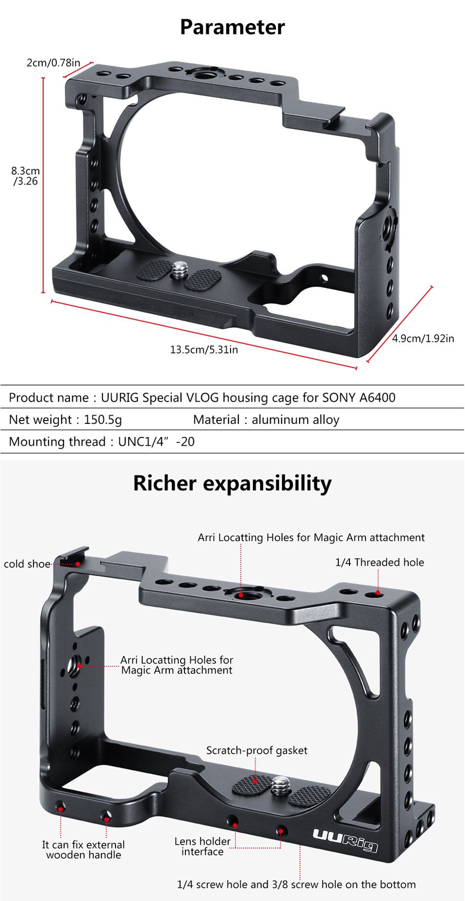 UURig-C-A6400-Vlog-Housing-Cage-Frame-Rig-Stabilizer-for-Sony-A6400-A6300-DSLR-Camera-With-14-38-Col-1453729