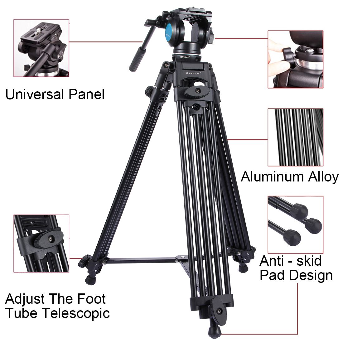 PULUZ-PU3003-Adjustable-Aluminum-Alloy-Tripod-62-160CM-with-Fluid-Drag-Tripod-Head-1198841