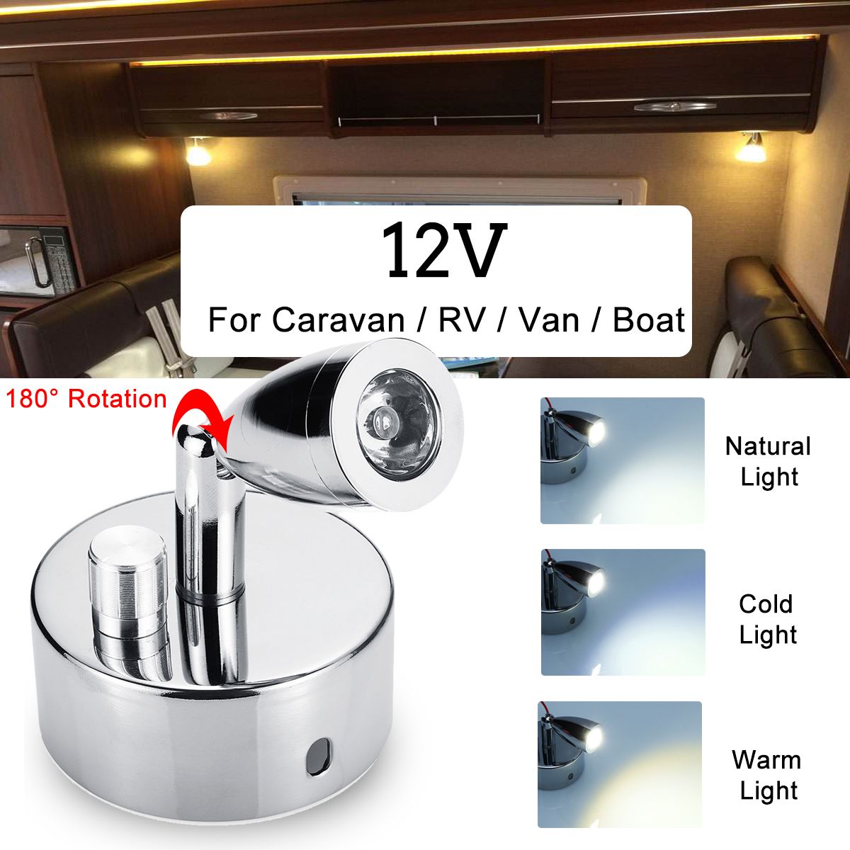 Chrome-LED-Spot-Reading-Lights-with-Dimming-Switch-Knob-12V-1W-for-for-CaravanRV-Camper-Van-Boat-1468849