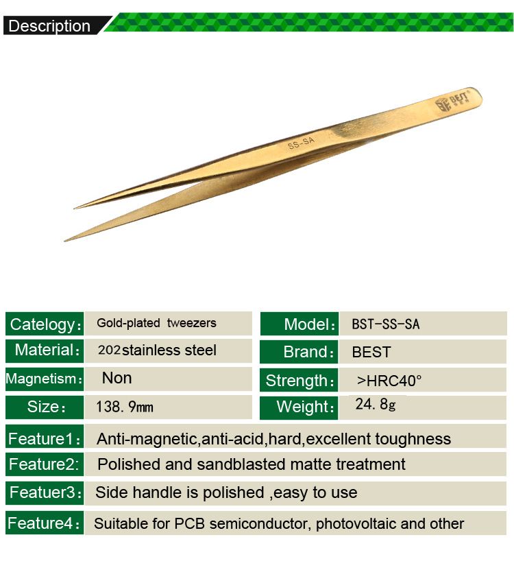 BEST-BST-SS-SA-Gold-Plated-Tip-Tweezer-Precision-Tweezers-Laid-Special-Hard-Wear-resistant-Stainless-1363154