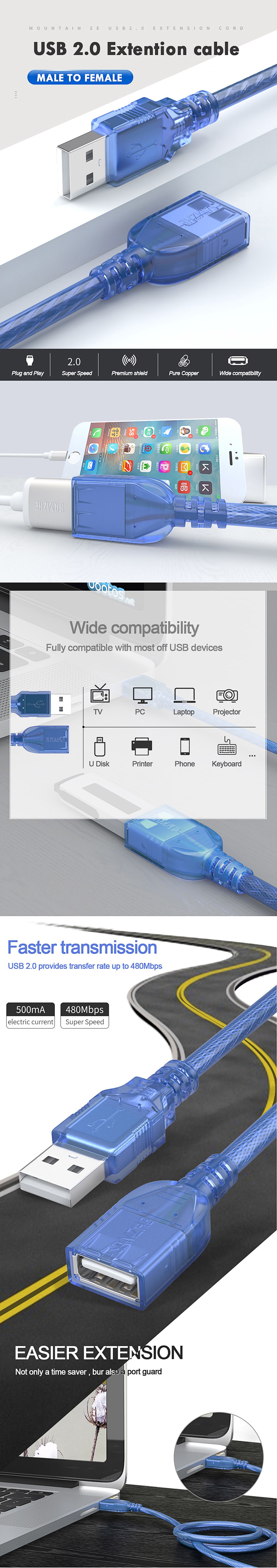 SAMZHE-USB-20-Extension-Cable-USB-Male-to-Female-Data-Cable-Transparent-Blue-High-Speed-USB-Extensio-1670516
