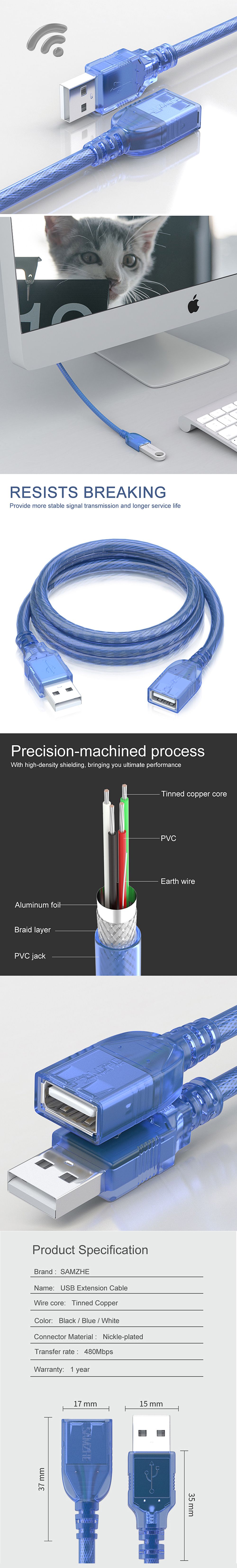 SAMZHE-USB-20-Extension-Cable-USB-Male-to-Female-Data-Cable-Transparent-Blue-High-Speed-USB-Extensio-1670516