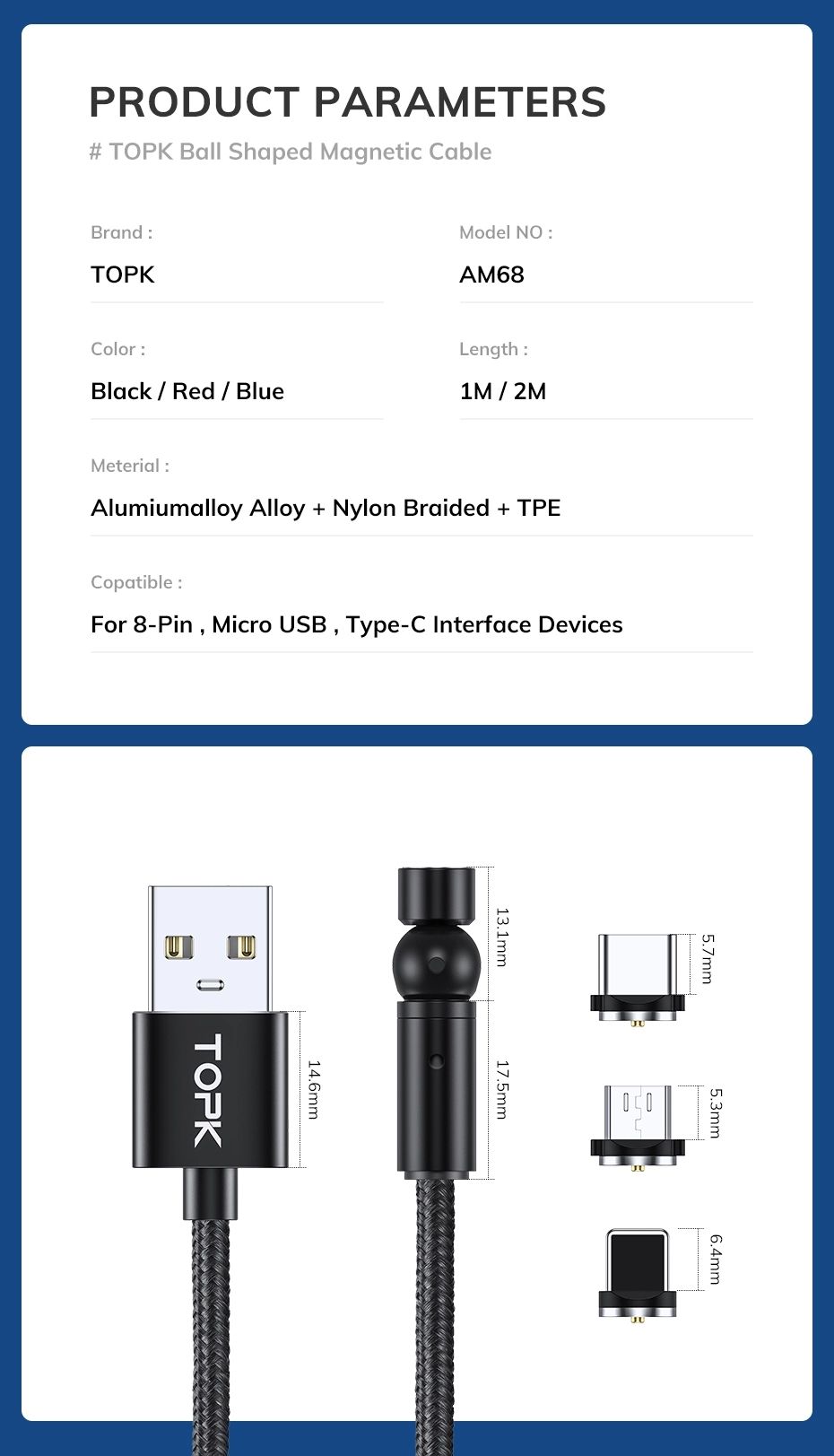 TOPK-AM68-3-in-1-Data-Cable-Elbow-LED-Indicator-Fast-Charging-USB-Magnetic-Rotation-Line-For-iPhone--1699366