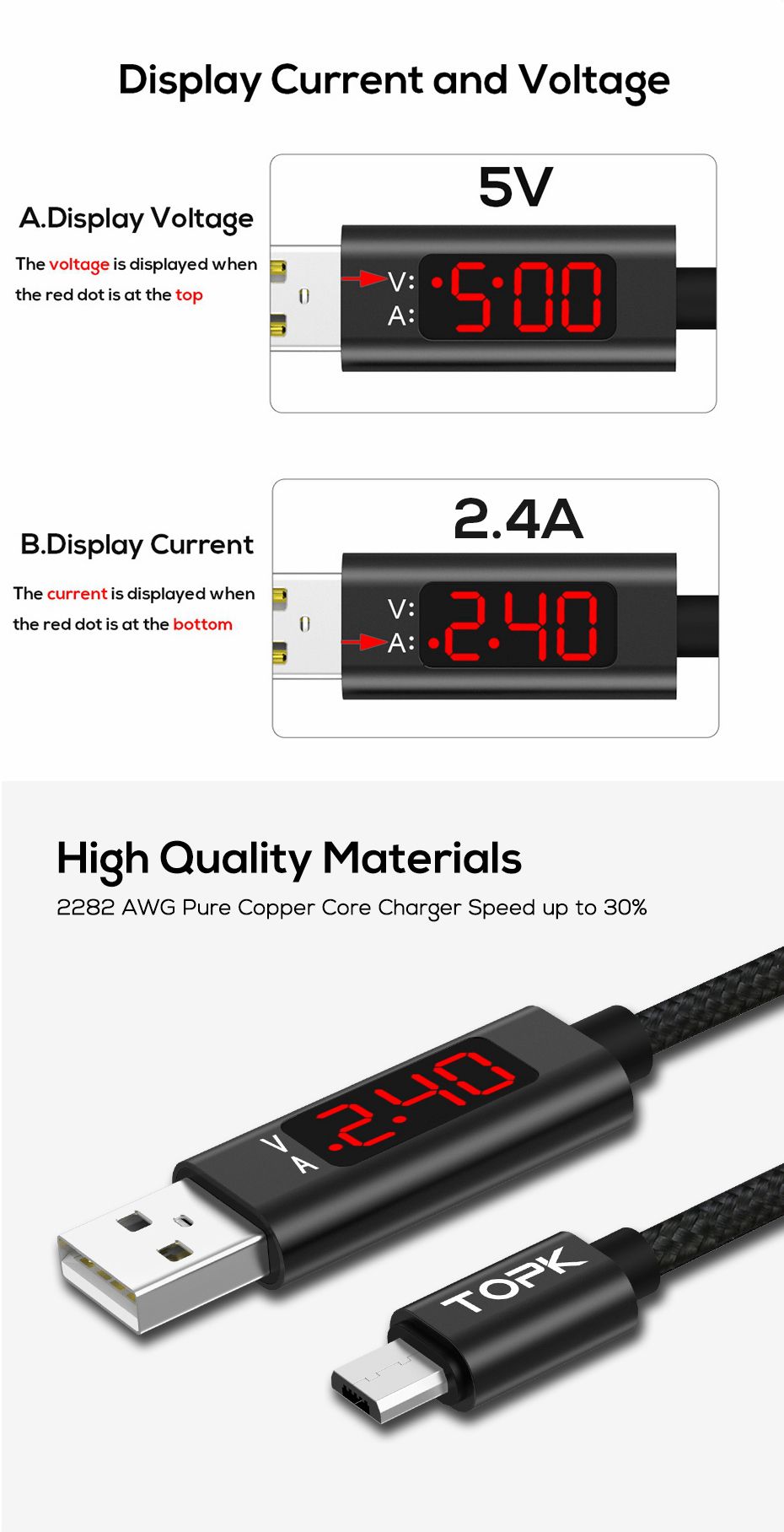 TOPK-D-Line1-24A-QC30-Voltage-Current-Display-Micro-USB-Fast-Charging-Data-Cable-1M-For-Phone-Tablet-1381487