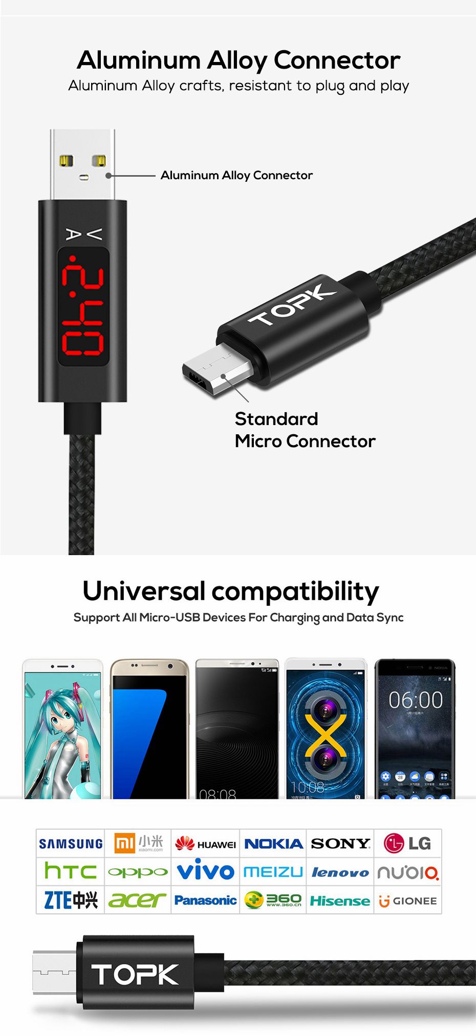 TOPK-D-Line1-24A-QC30-Voltage-Current-Display-Micro-USB-Fast-Charging-Data-Cable-1M-For-Phone-Tablet-1381487