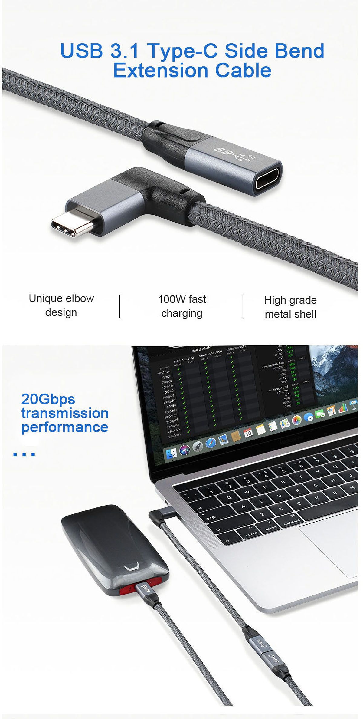 ULT-unite-Type-C-Adapter-Data-Cable-Connector-USB31-Gen2-Male-to-Female-Elbow-Extension-Cable-100W-1758350