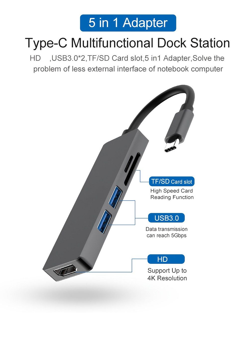 5-in-1-USB-Type-C-Data-HUB-Adapter-with-2USB-30-4K-HD-TFSD-Card-Reader-for-Tablet-Laptop-1664663