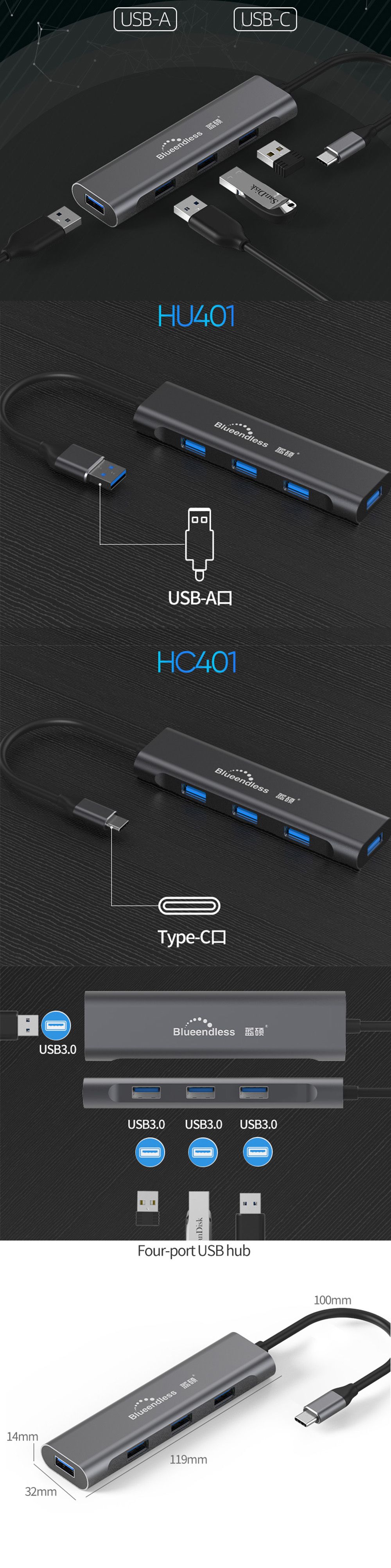 Blueendless-HC401HU401-Type-CType-A-to-USB30-4-in-1-USB-Hub-Adapter-Aluminum-Alloy-Extender-Extensio-1597966