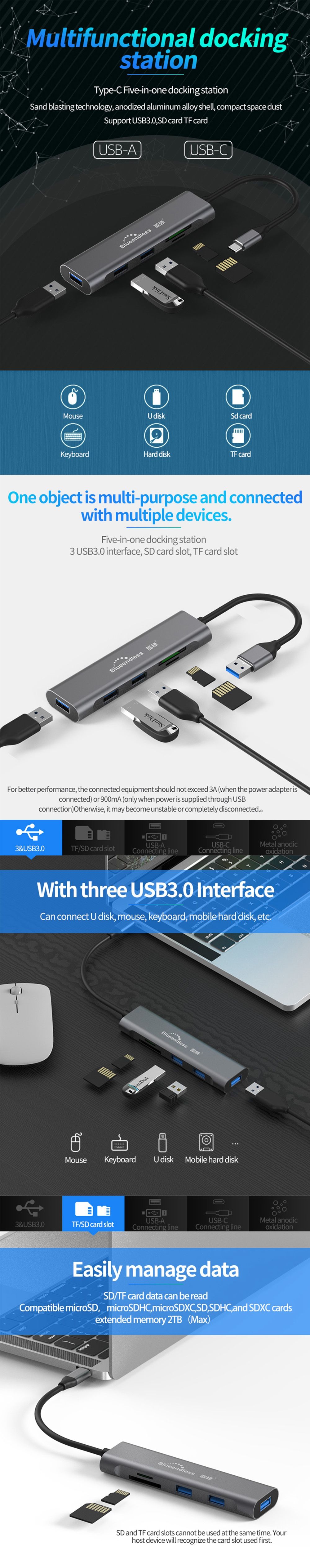Blueendless-HC501HU501-Type-CType-A-to-USB30-5-in-1-USB-Hub-SD-TF-Card-Reader-Adapter-Aluminum-Alloy-1597963
