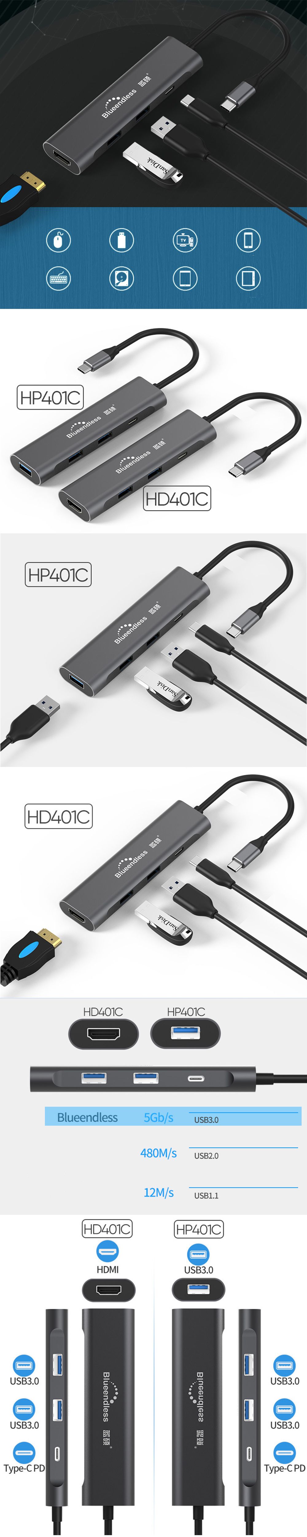 Blueendless-HD401HP401-Type-C-Data-USB-Hub-with-3-Port-USB30-PD-Charging-4K-Display-HD-Converter-Ada-1559804