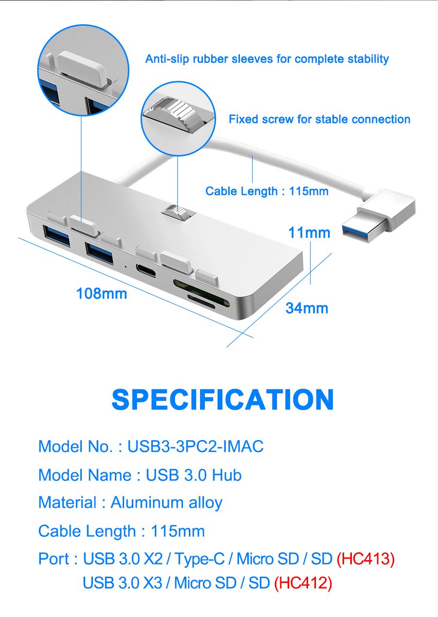 Rocketek-HC412-Aluminum-USB-30-Hub-TFSD-Card-Reader-USB-Adapter-for-IMAC-Phone-Camera-Printer-U-Disk-1624299