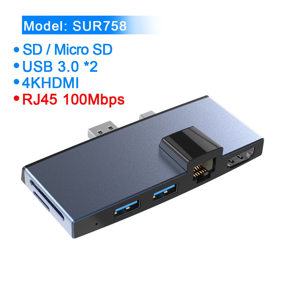 Rocketek-SUR758-USB-30-Hub-Card-Reader-4K-HD-100Mbps-Ethernet-LAN-Adapter-for-SDTF-Card-Surface-Pro--1623759