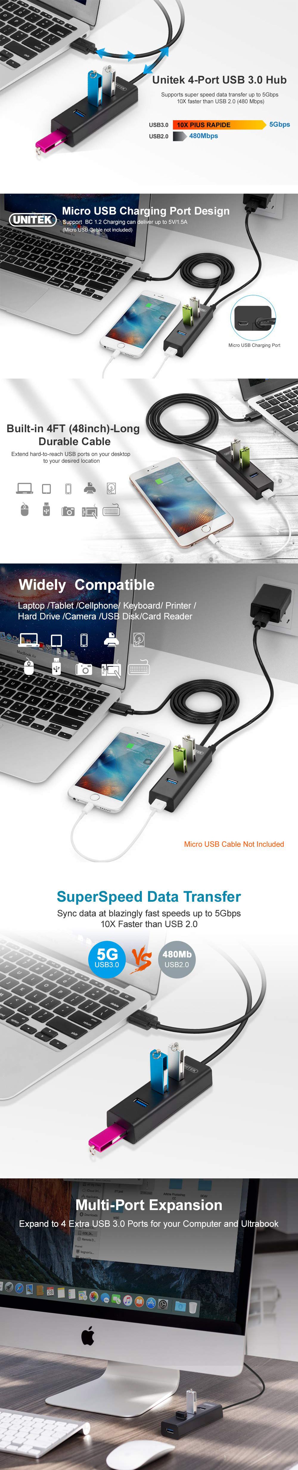 UNITEK-Y-3089-USB30-Hub-with-4-Ports-USB-Hub-Extender-Extension-Connector-for-PhoneTabletComputer-Su-1568776