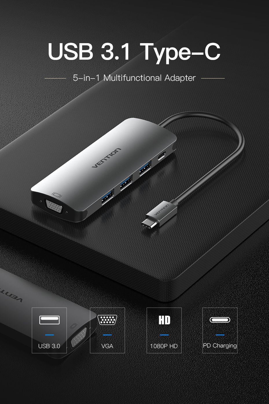 Vention-CGQHA-Multifunction-Type-C-to-3-Port-USB-30-USB-C-PD-Charge-1080P-VGA-Hub-1340755