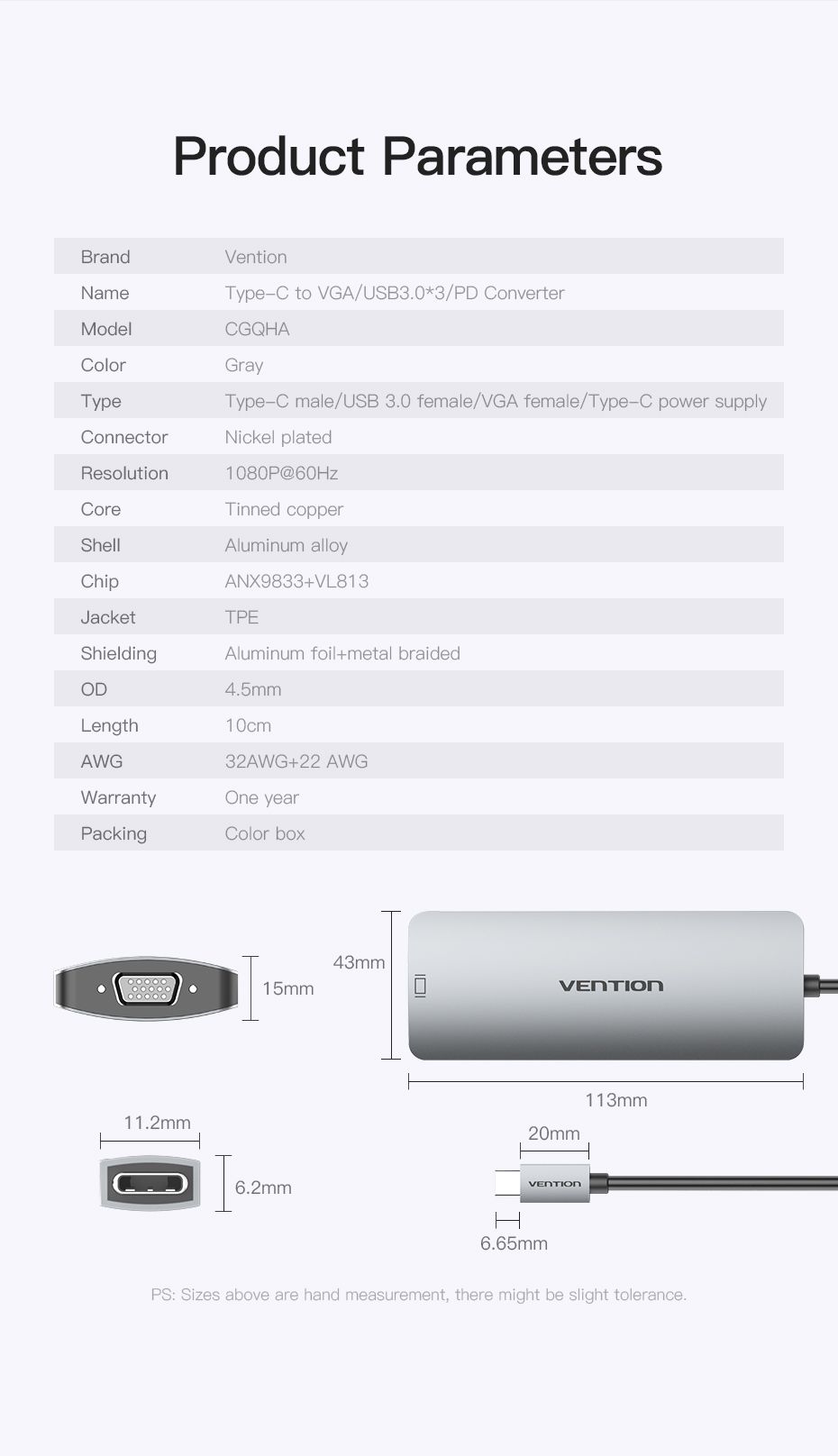 Vention-CGQHA-Multifunction-Type-C-to-3-Port-USB-30-USB-C-PD-Charge-1080P-VGA-Hub-1340755