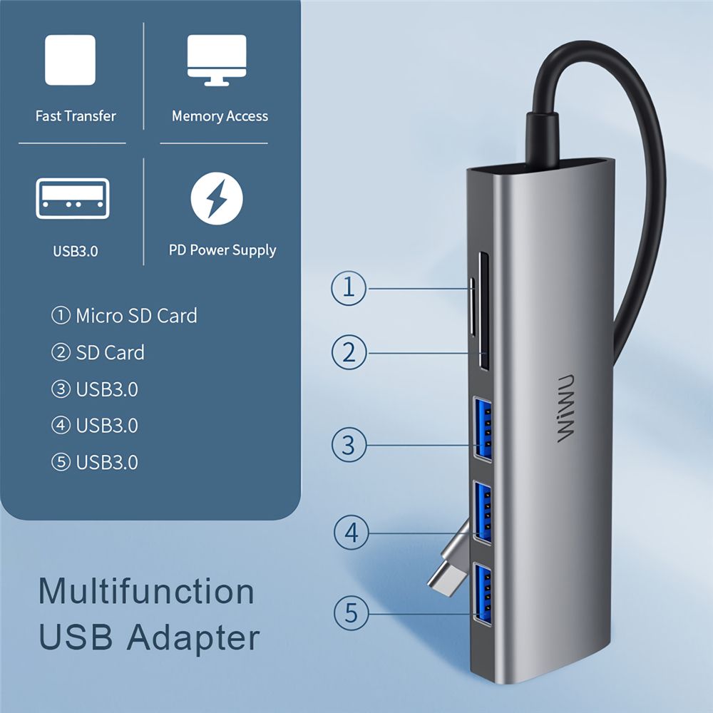 WiWU-Alpha-532ST-5-in-1-USB-C-Hub-Multi-functional-Type-C-to-USB30-Adapter-SDTF-Card-Reader-1722753