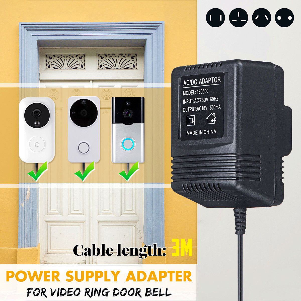 3M-230V-To-18V--Video-Doorbell-Power-Supply-Adapter-Transformer-EU-PlugAU-PlugUK-Plug-1433604