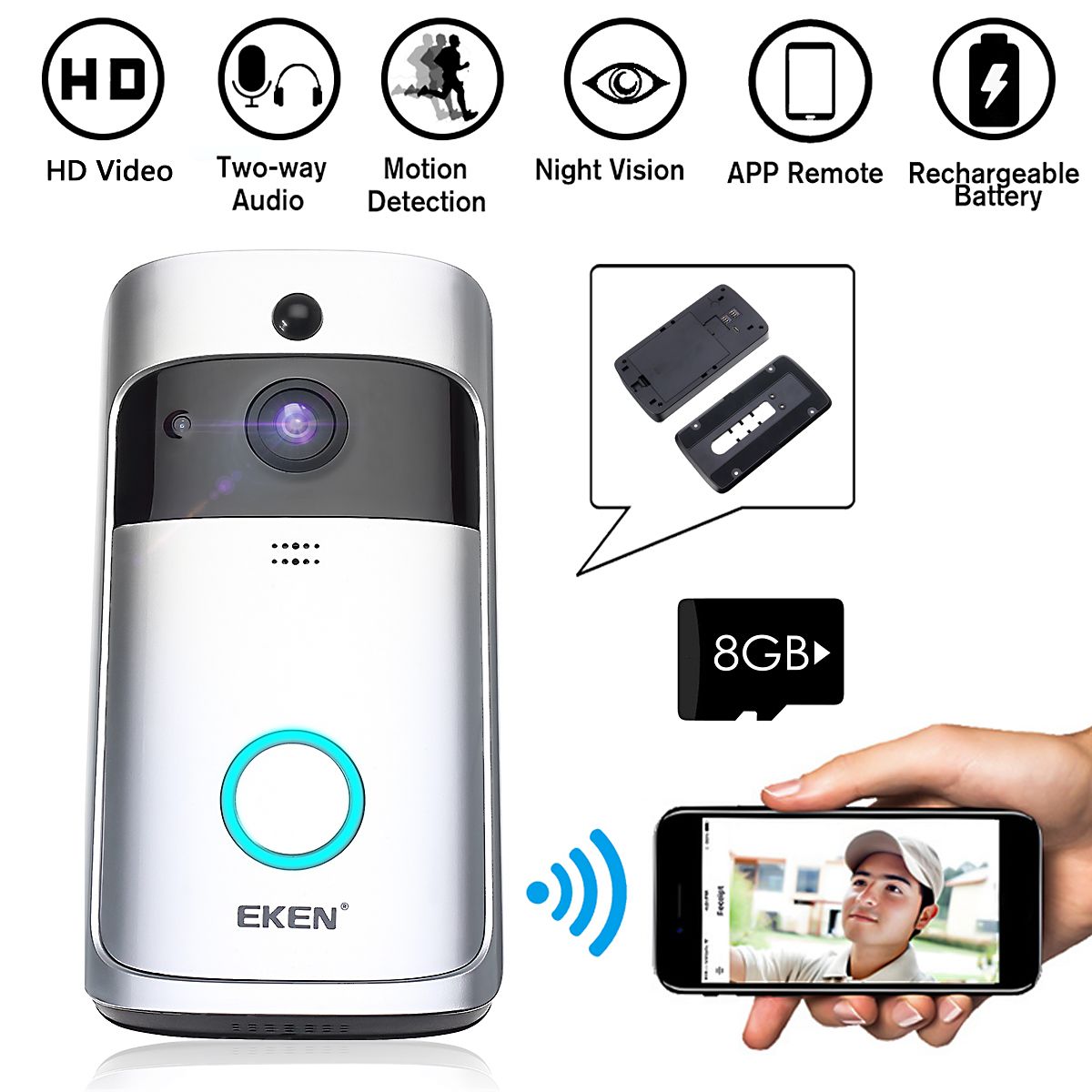 EKEN-A8-Smart-Wireless-WiFi-Video-Visible-Doorbell-Motion-Detection-Wide-Angle-166deg-8GB-Internal-S-1336962