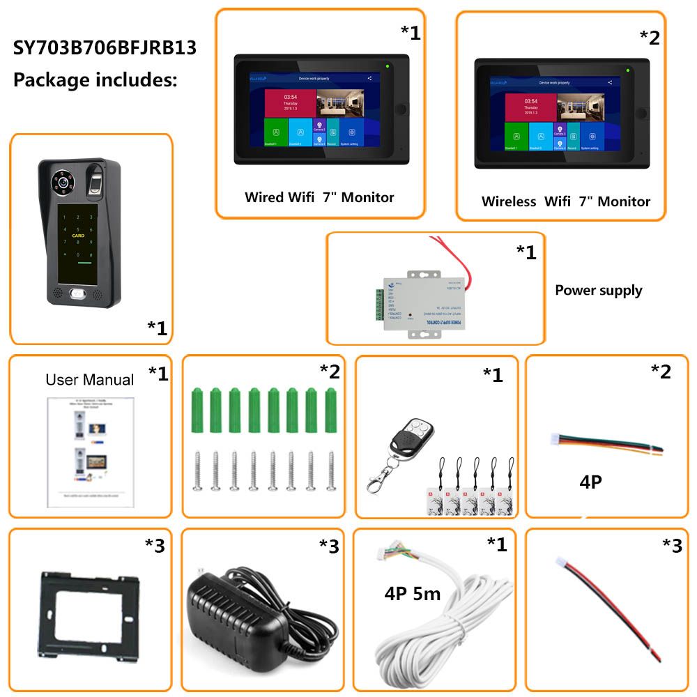 ENNIO-7-inch--3-Monitors--Wifi-Wireless-Fingerprint-IC-Card--Video-Door-Phone-Doorbell-Intercom-Syst-1642474