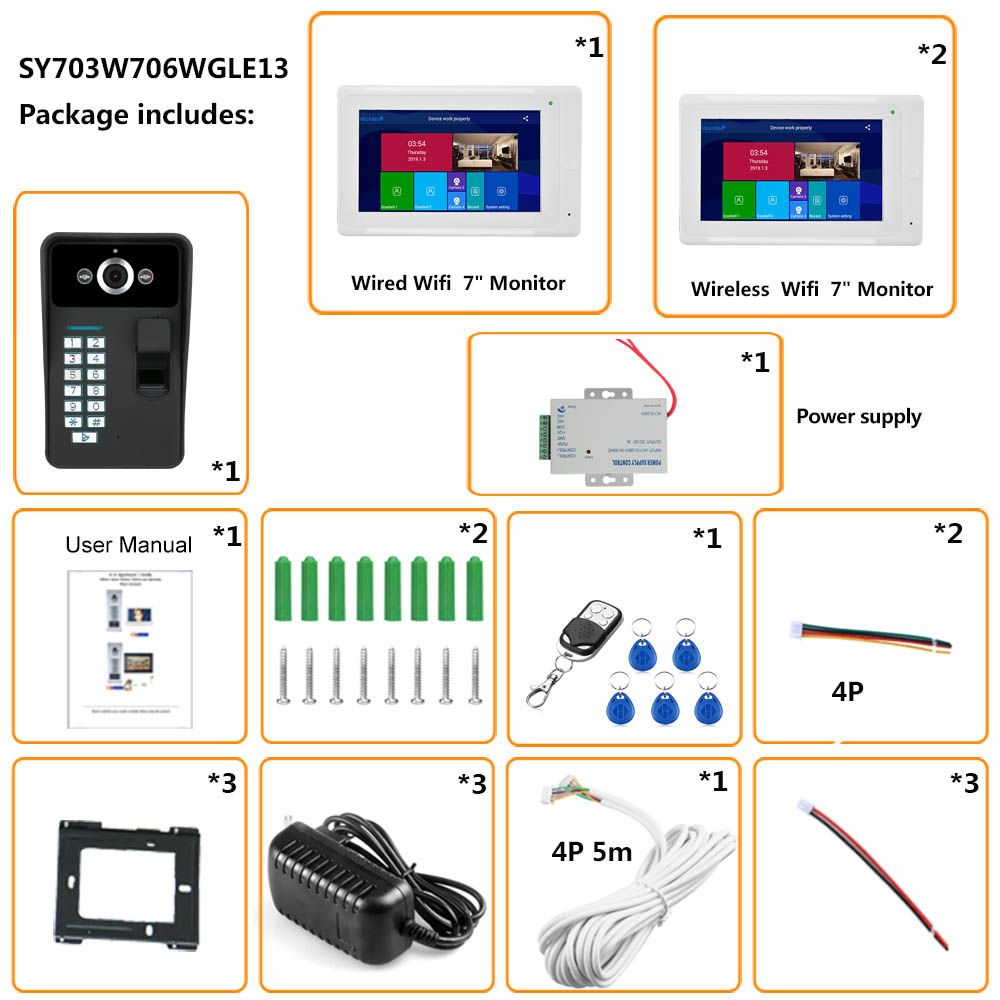 ENNIO-7-inch-3-Monitors-Wifi-Wireless-Fingerprint-RFID-Video-Phone-Doorbell-Intercom-System-with-Wir-1648515