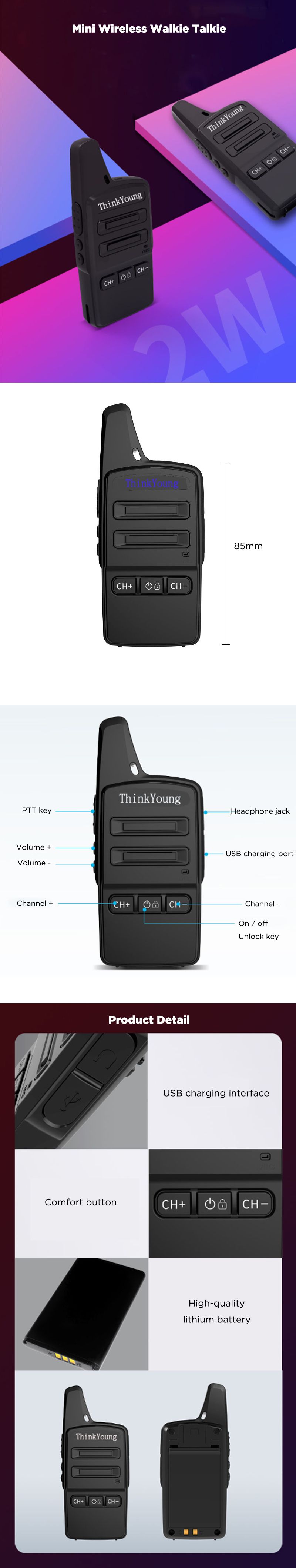 1PC-ThinkYoung-Q11-2W-Mini-Utra-Thin-Handheld-Radio-Walkie-Talkie-400-470MHz-16-Channels-3-4km-USB-C-1617302