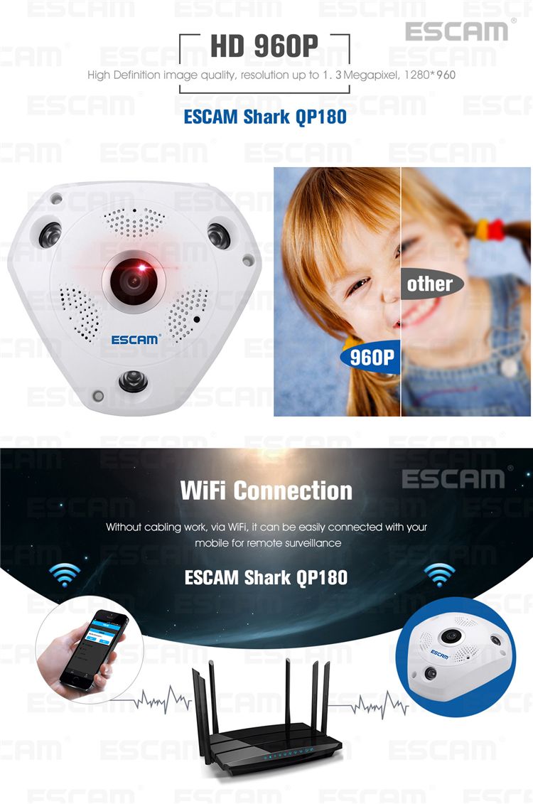 ESCAM-Fisheye-Camera-Support-VR-QP180-Shark-960P-IP-WiFi-Camera-13MP-360-Degree-Panoramic-Infrared-N-1083170