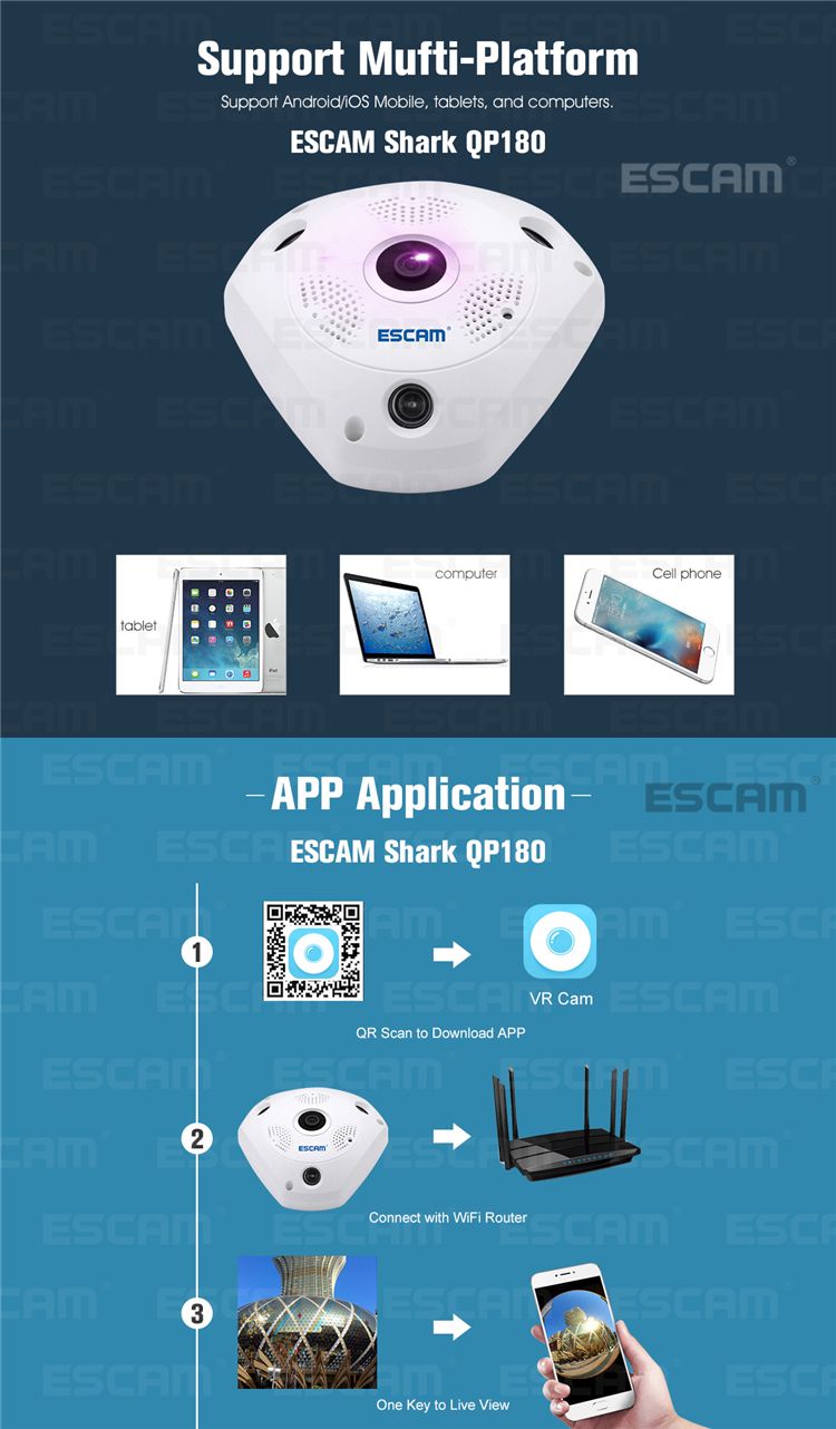 ESCAM-Fisheye-Camera-Support-VR-QP180-Shark-960P-IP-WiFi-Camera-13MP-360-Degree-Panoramic-Infrared-N-1083170