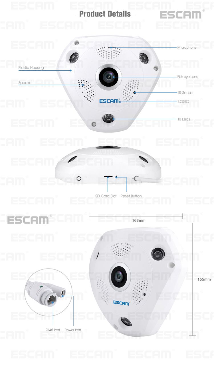 ESCAM-Fisheye-Camera-Support-VR-QP180-Shark-960P-IP-WiFi-Camera-13MP-360-Degree-Panoramic-Infrared-N-1083170