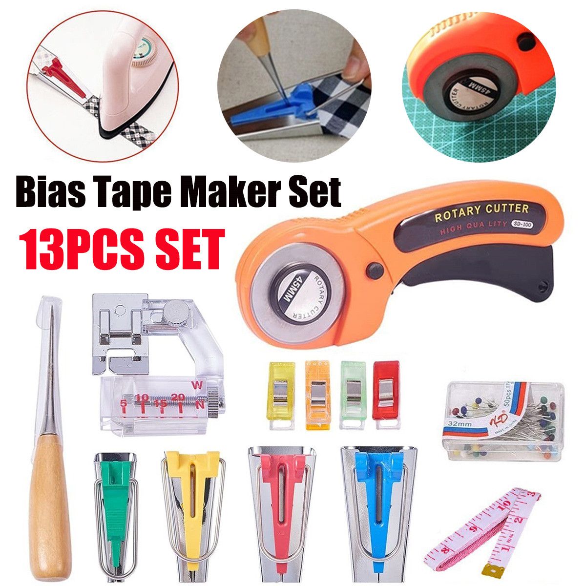 13Pcs-Fusible-Bias-Binding-Tape-Maker-Sewing-Quilting-Awl-Binder-Foot-Tools-Kit-1701249