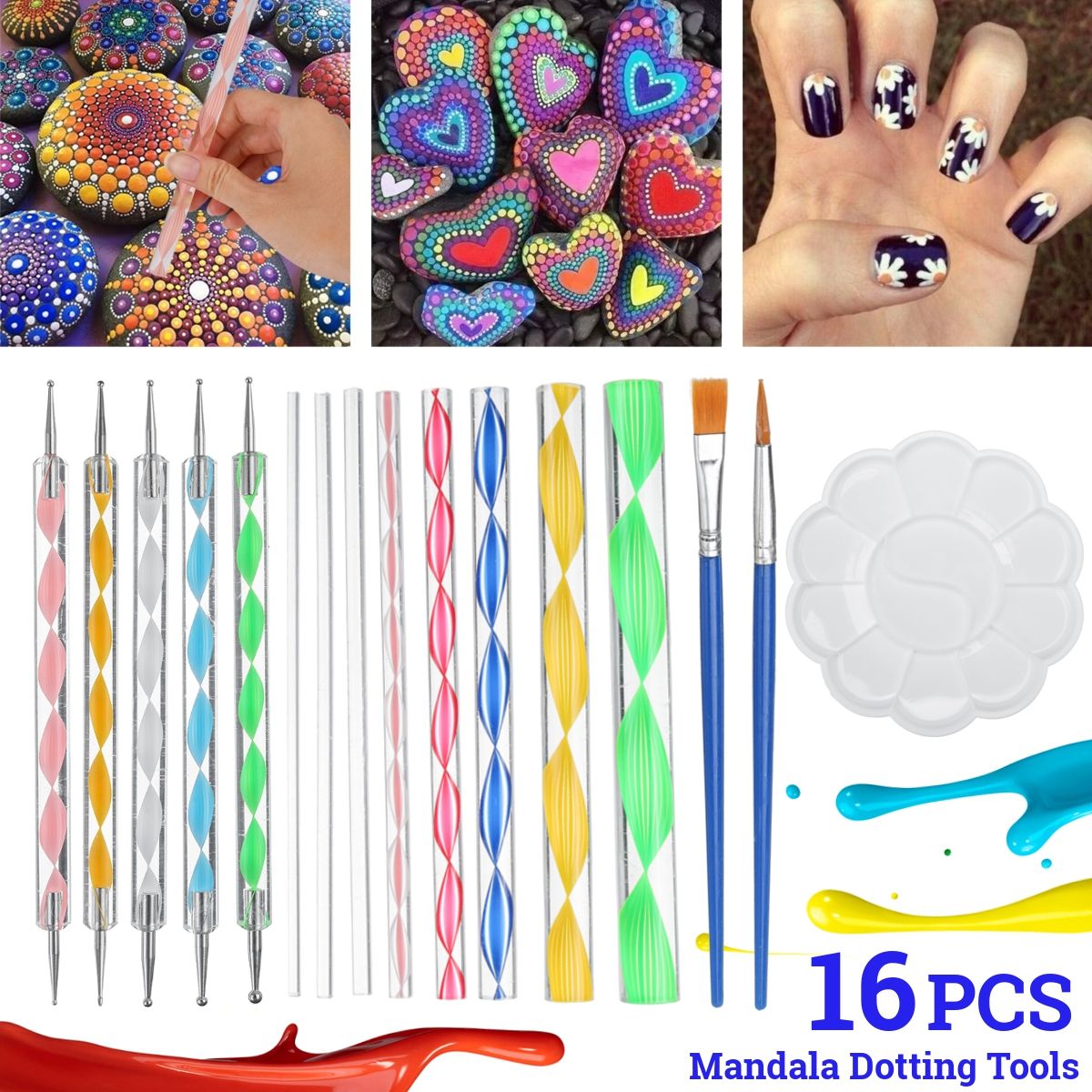 16Pcs-Mandala-Dotting-Tools-Set-Rock-Painting-Kit-Nail-Art-Pen-Paint-Stencil-1687383