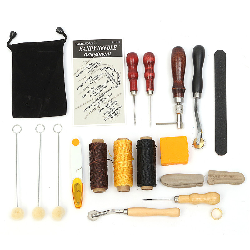 17pcs-Leather-Carft-Hand-Stitching-Sewing-Tool-Set-Kit-Thread-Awl-Waxed-Thimble-1220912