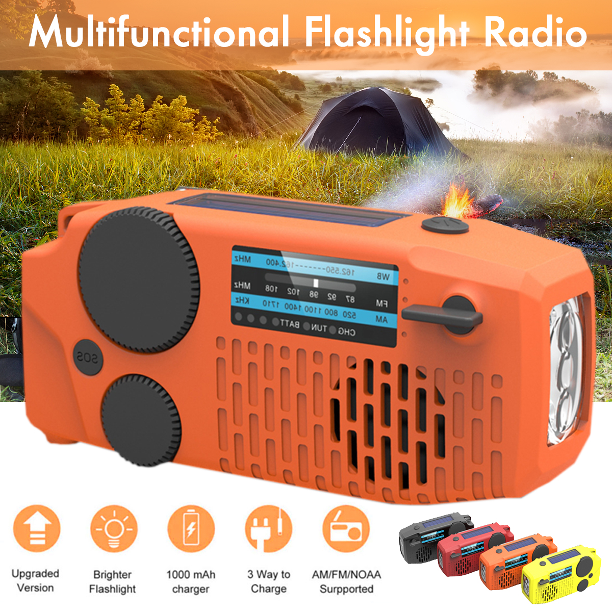 Emergency-Hand-Crank-Self-Powered-AMFM-NOAA-Solar-Weather-Radio--Powerful-Strong-Flashlight--1000mAh-1696666