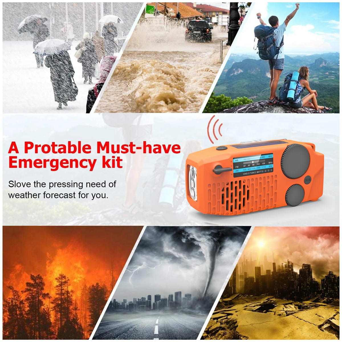 Emergency-Hand-Crank-Self-Powered-AMFM-NOAA-Solar-Weather-Radio--Powerful-Strong-Flashlight--1000mAh-1696666
