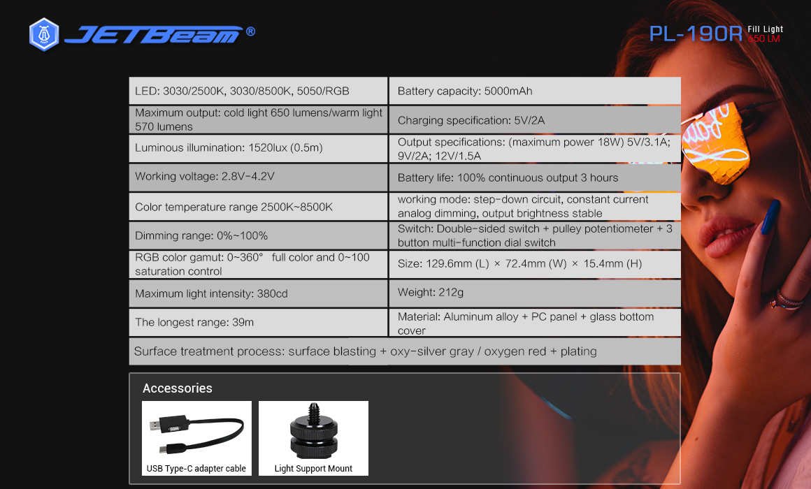 JETBeam-PL-190R-330LED-650Lumens-5000mAh-Type-C-USB-Rechargeable-Multifunctional-RGB-Photography-Sup-1584565