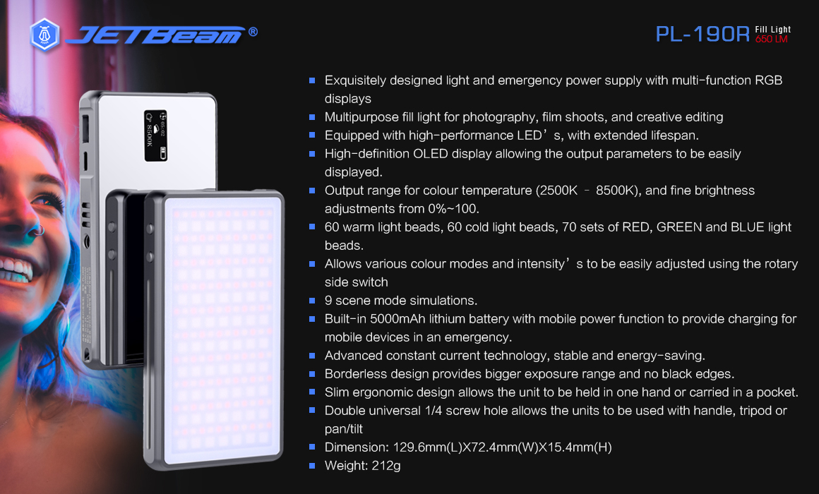 JETBeam-PL-190R-330LED-650Lumens-5000mAh-Type-C-USB-Rechargeable-Multifunctional-RGB-Photography-Sup-1584565