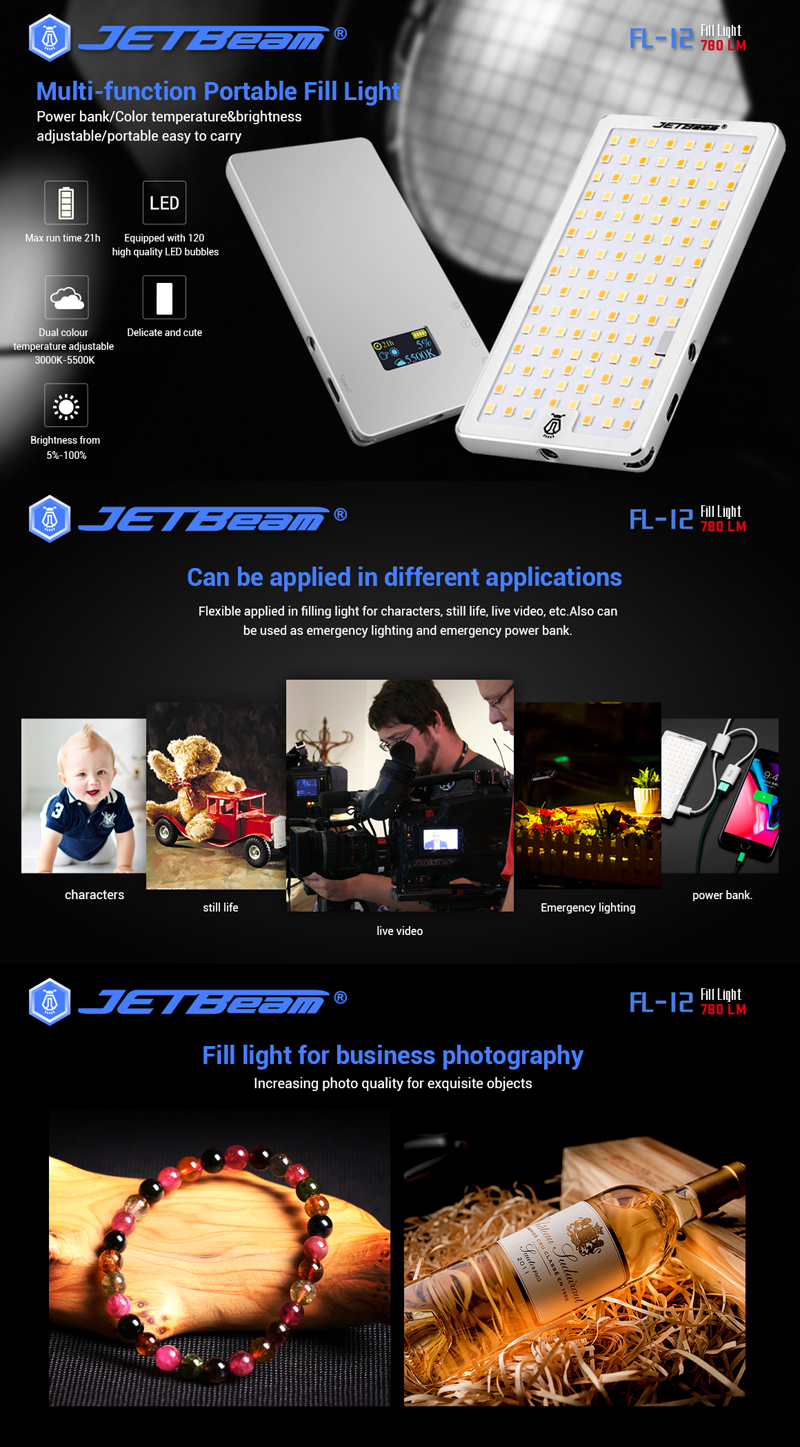 Jetbeam-FL-12-2835-LED-780Lumens-6Modes-Dual-Color-Light-HD-OLED-Screen-Flashlight-Fill-Light-1337375