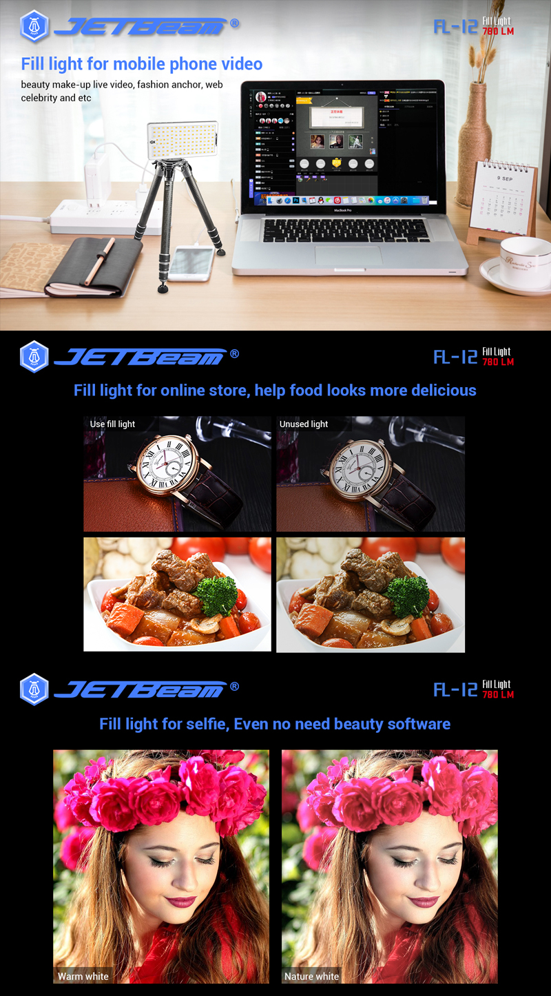 Jetbeam-FL-12-2835-LED-780Lumens-6Modes-Dual-Color-Light-HD-OLED-Screen-Flashlight-Fill-Light-1337375